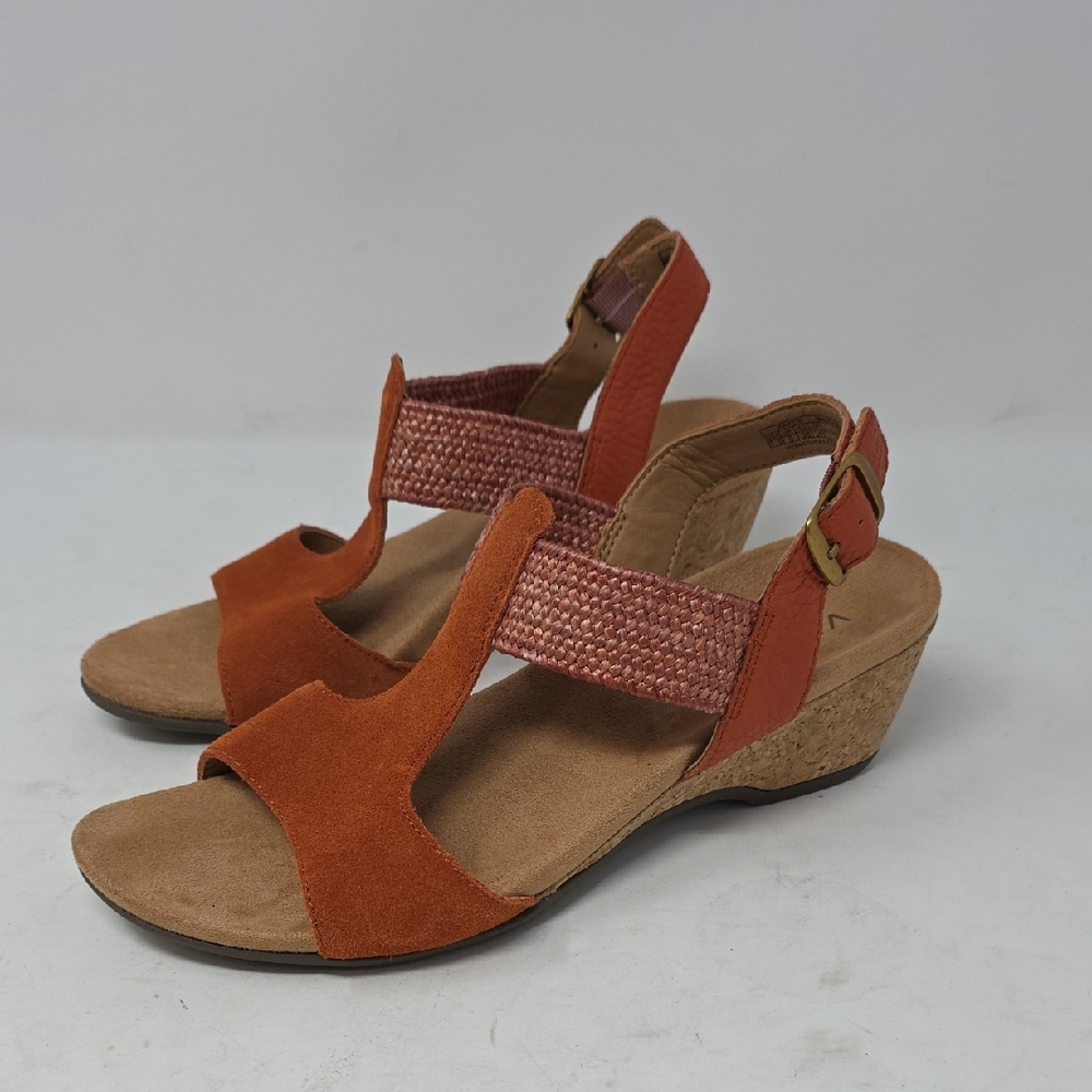Vionic Kaytie Orange Suede Braided-Strap Wedge Sandals Size 7.5